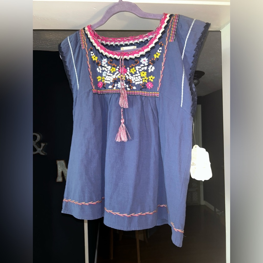 Altar'd State SMALL NEW Indigo Purple Embroidered Floral Tassel Short Tee